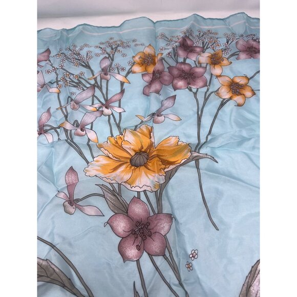 Floral Cosmos Print Sheer Square Scarf 27 Inches Light Blue Yellow Pink Light - Picture 3 of 4